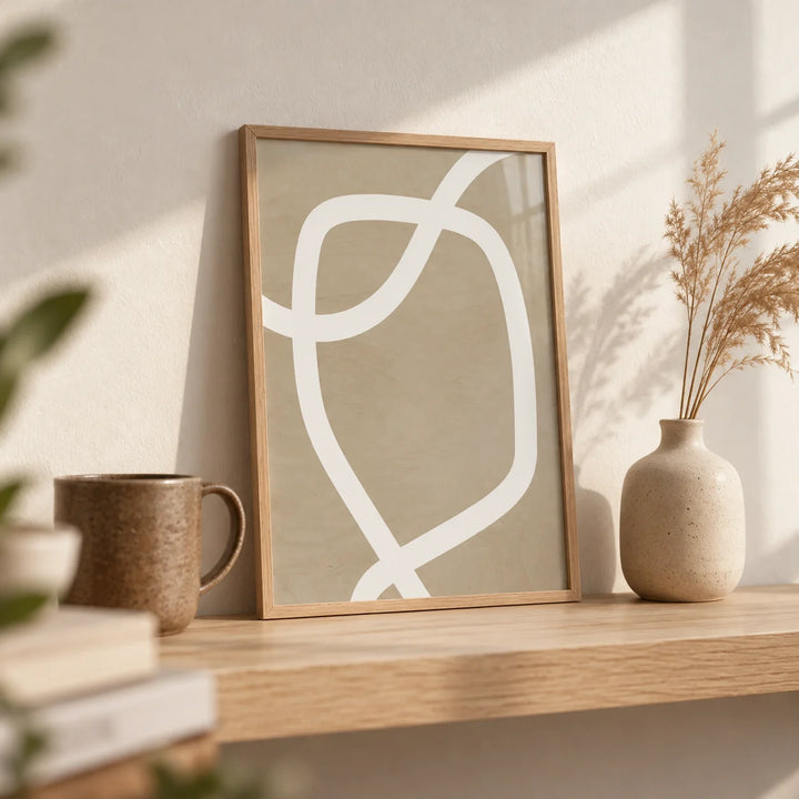 Minimalist Art Wall, a small A4 framed print leaning on a pale oak shelf in a living room