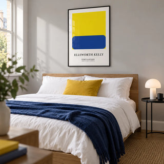 Minimalist Artwork, framed on the wall of a modern bedroom for an art-loving adult in a UK flat with a pale grey wall