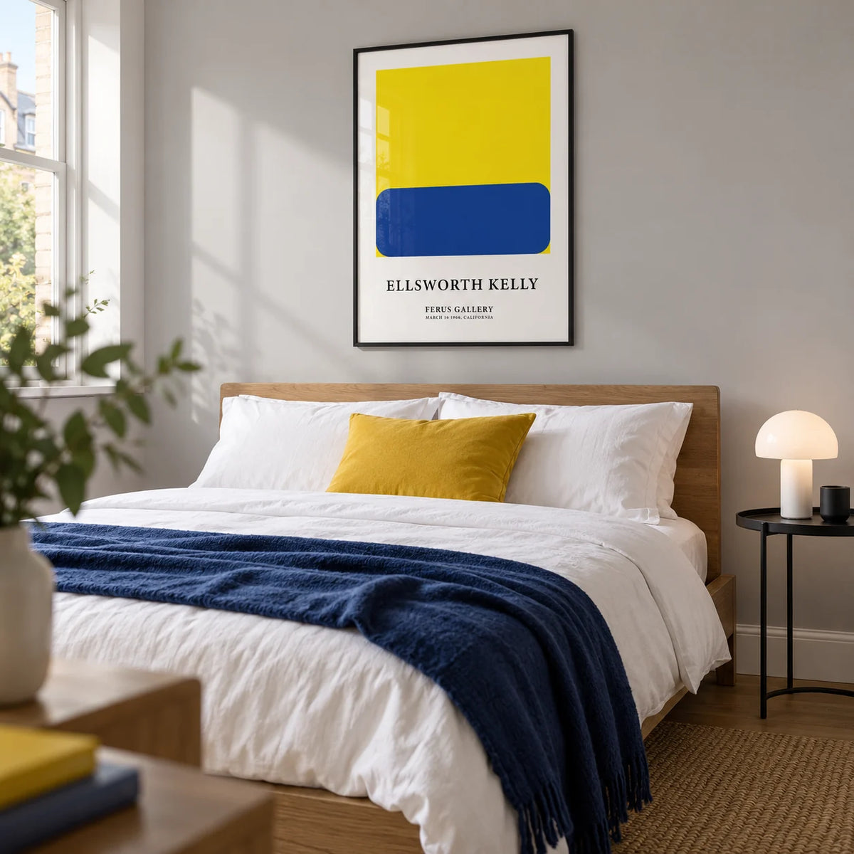 Minimalist Artwork, framed on the wall of a modern bedroom for an art-loving adult in a UK flat with a pale grey wall
