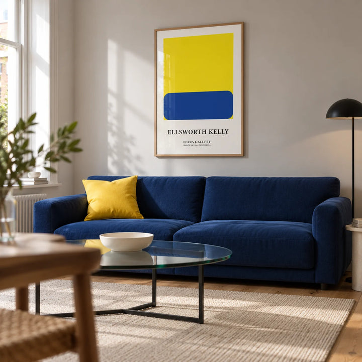Minimalist Artwork, framed on the wall of a modern living room in a converted UK flat with pale grey walls and oak floorboards