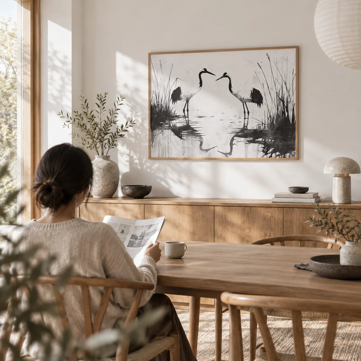 Minimalist Bird Art, framed on the wall of a bright Japandi dining room with a white wall