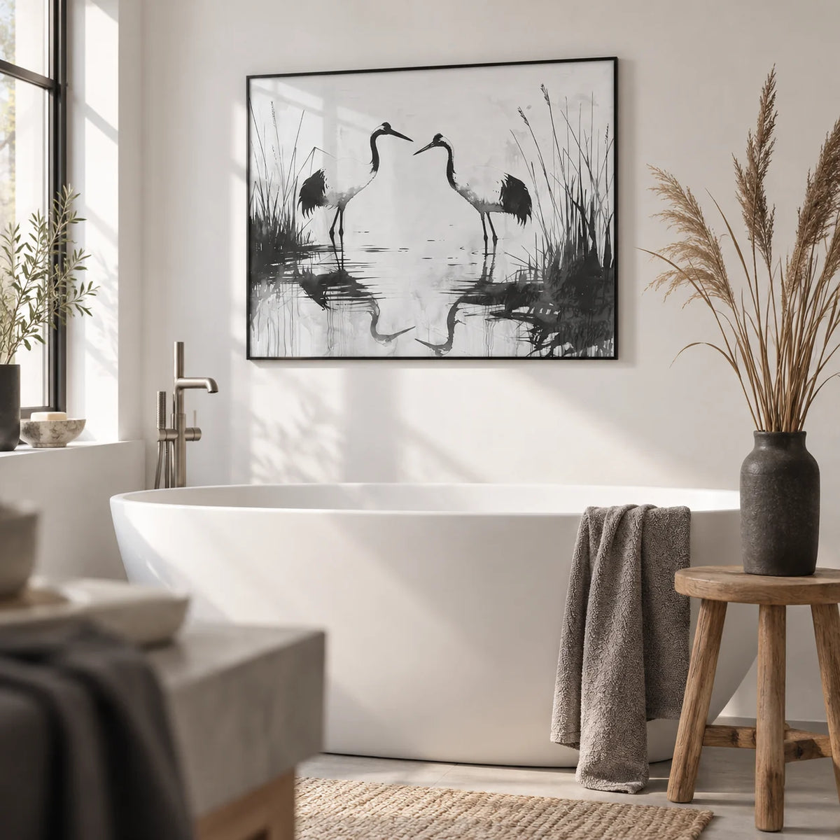 Minimalist Bird Art, framed on the wall of a calm bathroom with plain white walls