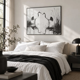 Minimalist Bird Art, framed on the wall of a calm monochrome bedroom with a soft white wall