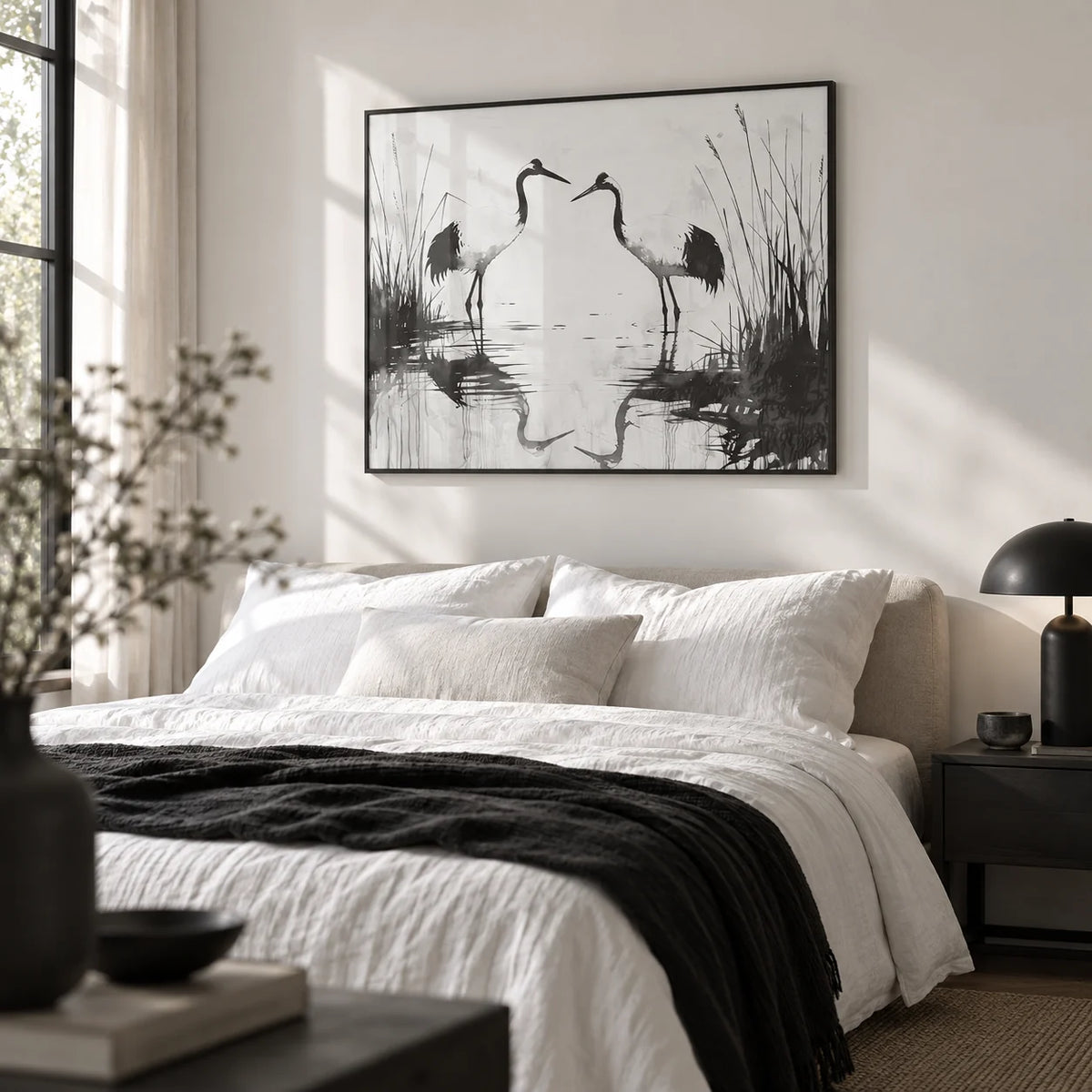 Minimalist Bird Art, framed on the wall of a calm monochrome bedroom with a soft white wall