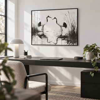 Minimalist Bird Art, framed on the wall of a minimal home office with a white wall