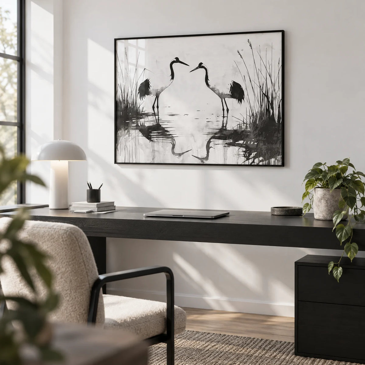 Minimalist Bird Art, framed on the wall of a minimal home office with a white wall