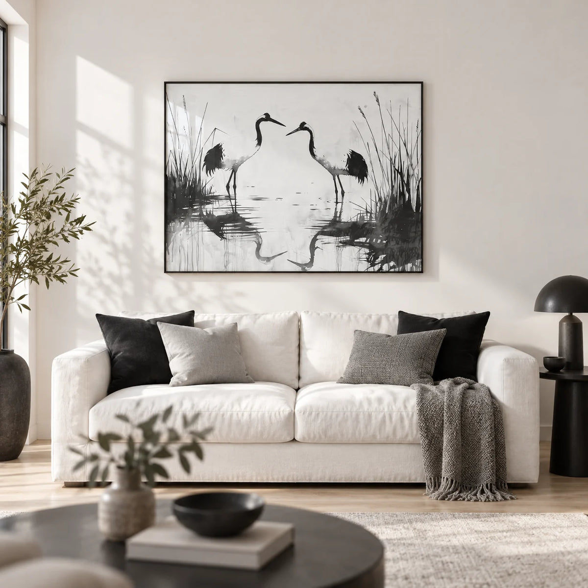 Minimalist Bird Art, framed on the wall of a minimal living room with a white wall and a pale oak floor
