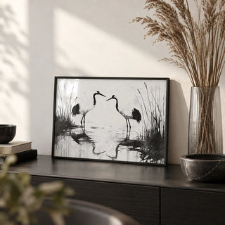 Minimalist Bird Art, a small A4 framed print leaning on a black sideboard in a living room