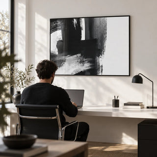 Minimalist Black And White Print, framed on the wall of a minimal home office with a white wall
