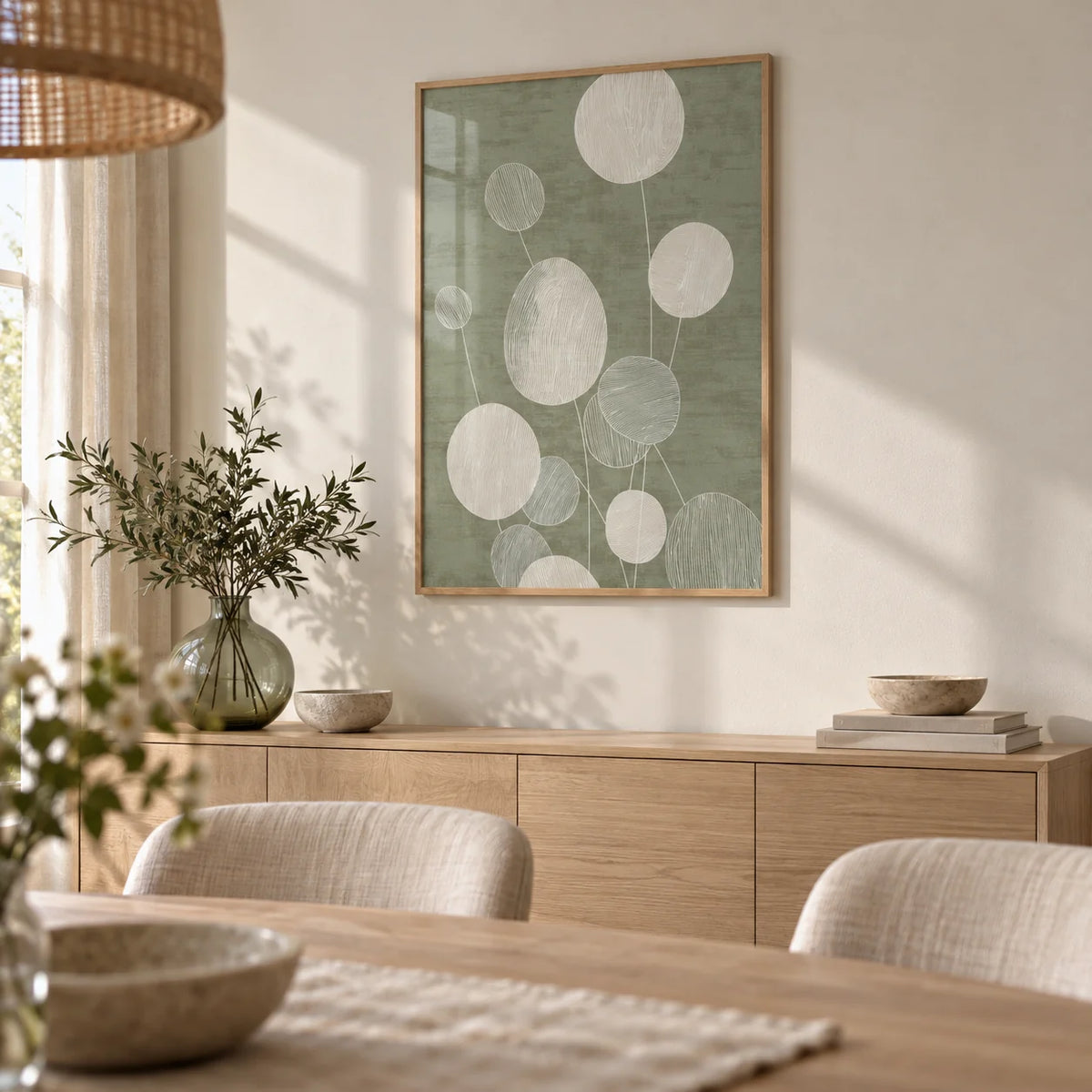 Minimalist Botanical Art Print, framed on the wall of a calm dining room