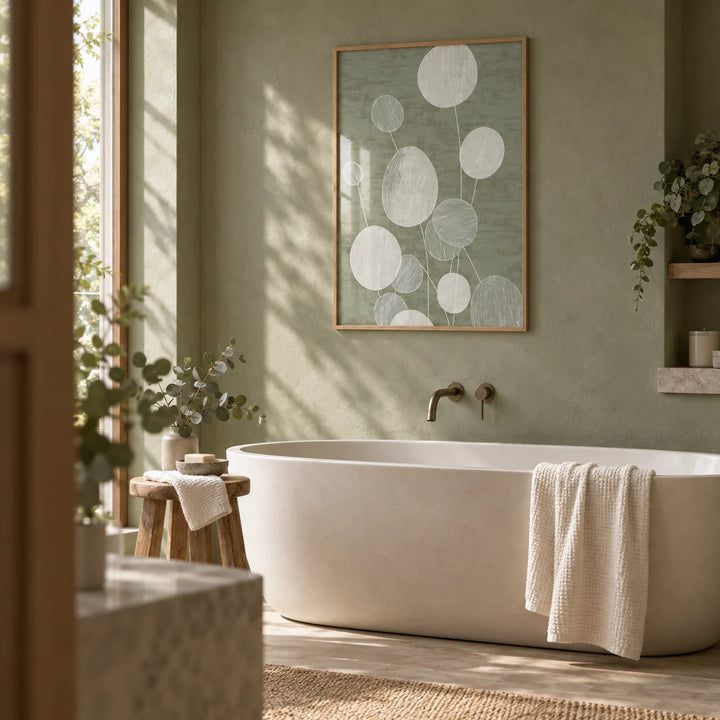 Minimalist Botanical Art Print, framed on the wall of a calm spa bathroom with sage green plaster walls