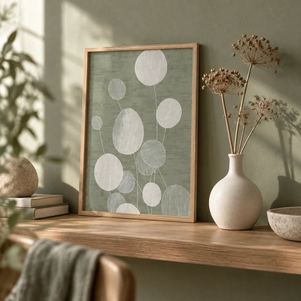 Minimalist Botanical Art Print, a small A4 framed print leaning on an oak shelf in a living room