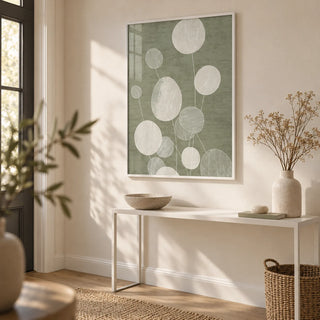 Minimalist Botanical Art Print, framed on the wall of a soft entrance hall