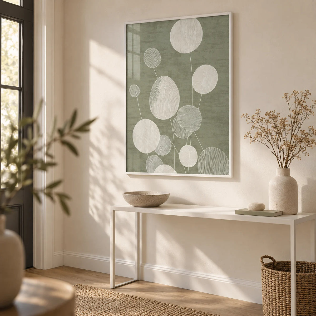 Minimalist Botanical Art Print, framed on the wall of a soft entrance hall