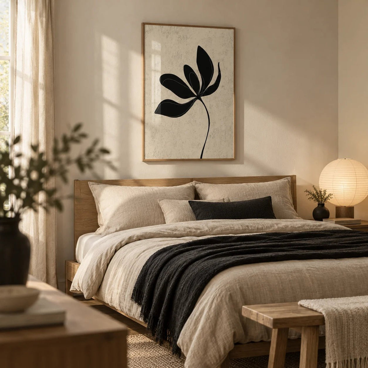 Minimalist Botanical Wall Art, framed on the wall of a calm bedroom
