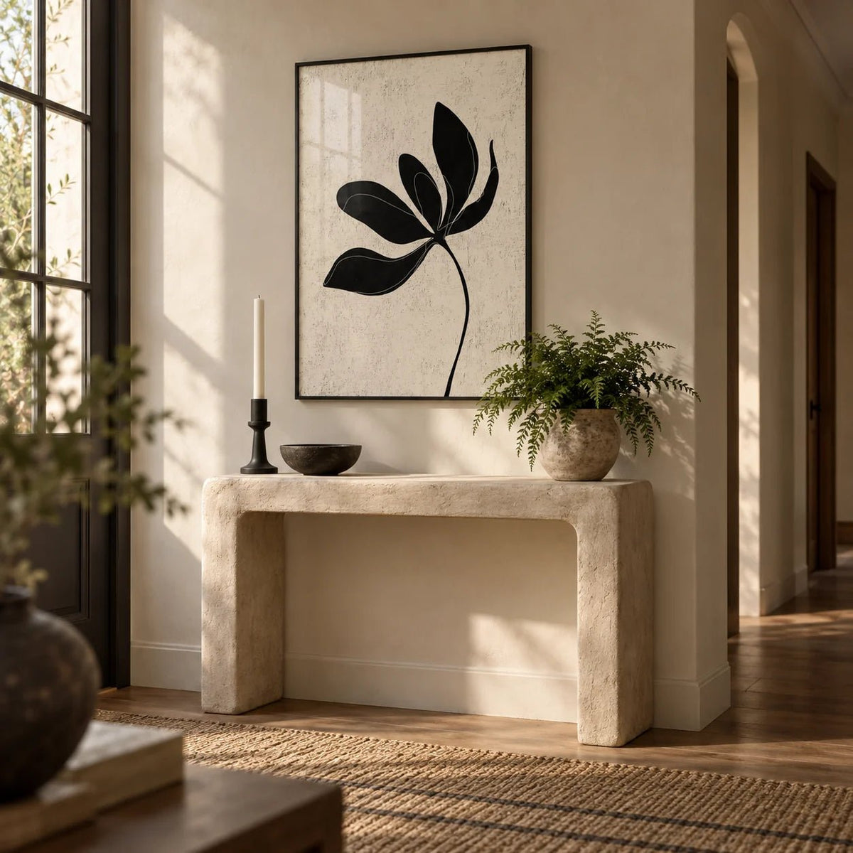 Minimalist Botanical Wall Art, framed on the wall of a calm hallway