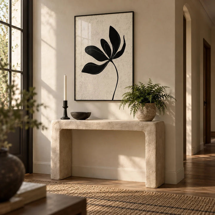 Minimalist Botanical Wall Art, framed on the wall of a calm hallway