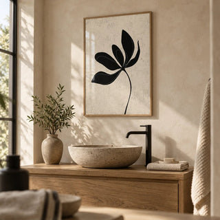 Minimalist Botanical Wall Art, framed on the wall of a calm spa bathroom