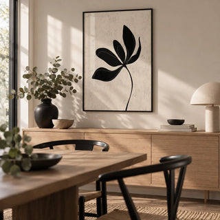 Minimalist Botanical Wall Art, framed on the wall of a modern dining room