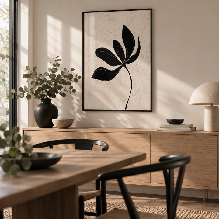 Minimalist Botanical Wall Art, framed on the wall of a modern dining room