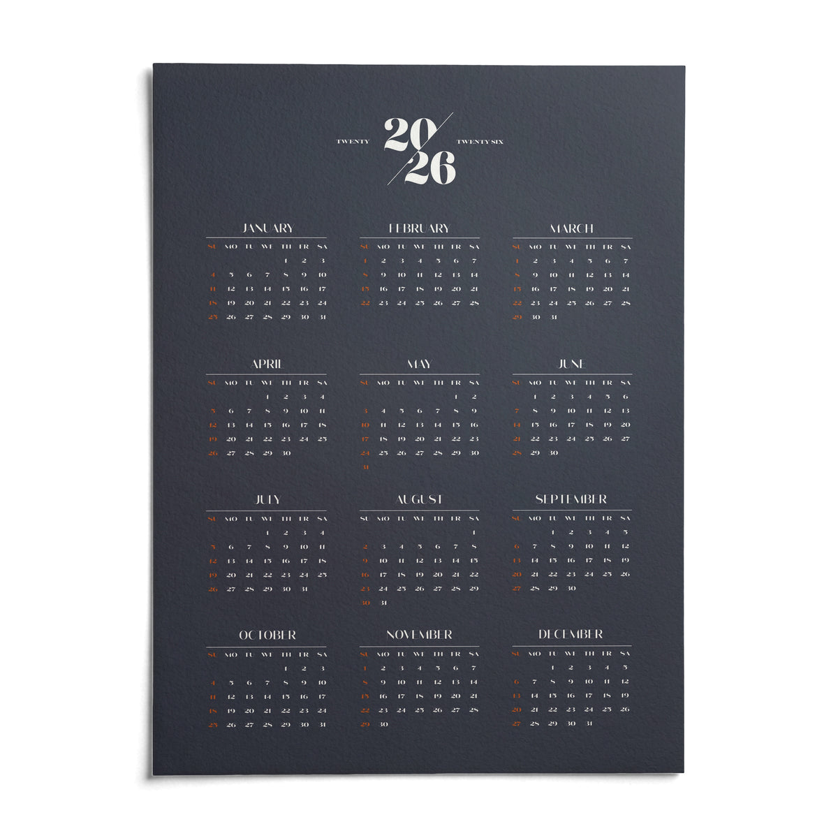 Minimalist Calendar, shown as an unframed paper print on a plain white background