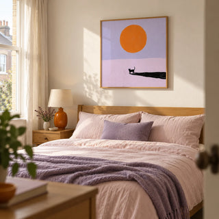 Minimalist Cat Art Print, framed on the wall of a calm contemporary bedroom in a UK terraced home with a warm white wall