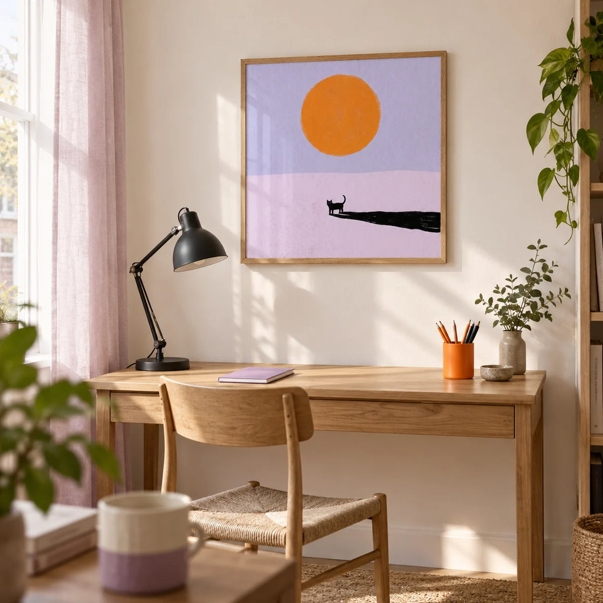 Minimalist Cat Art Print, framed on the wall of a compact home study in a modern UK flat with a warm white wall