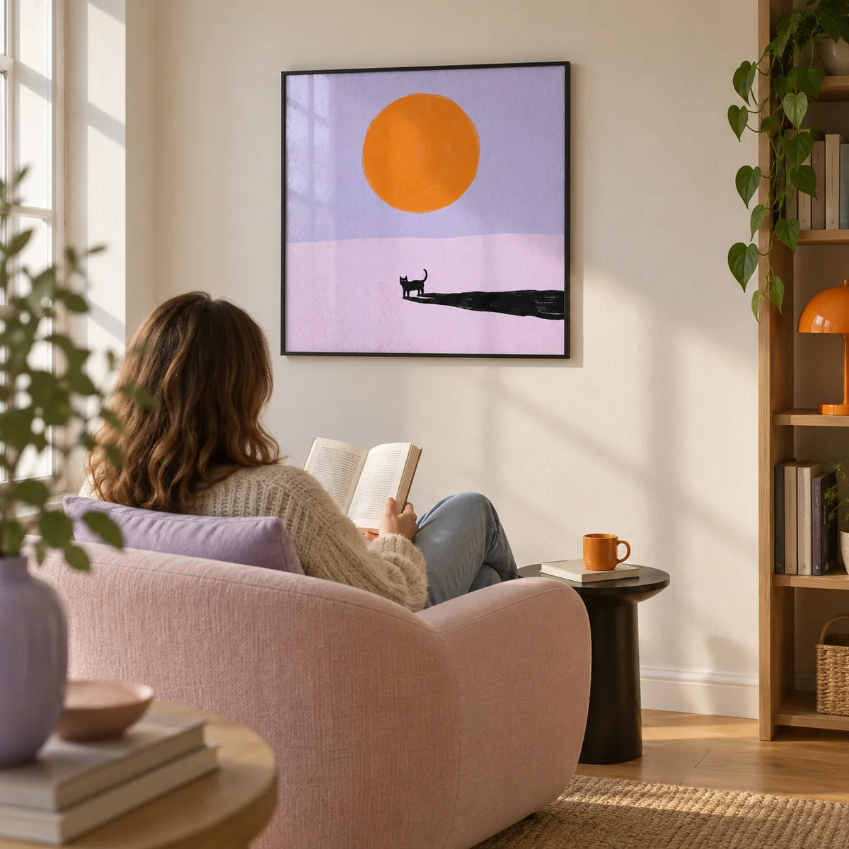 Minimalist Cat Art Print, framed on the wall of a contemporary reading corner in a UK flat with a warm white wall and oak floor in a living room