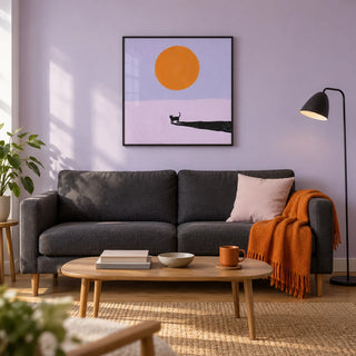 Minimalist Cat Art Print, framed on the wall of a modern living room in a UK first flat (22-30) with a pale lavender wall and oak floor