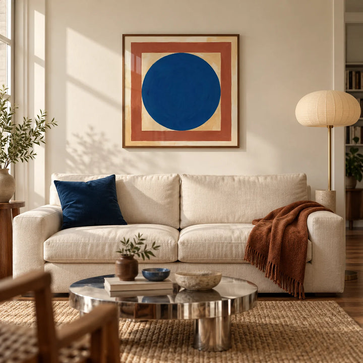 Minimalist Circle Art, framed on the wall of a contemporary living room in a UK city flat with warm white walls