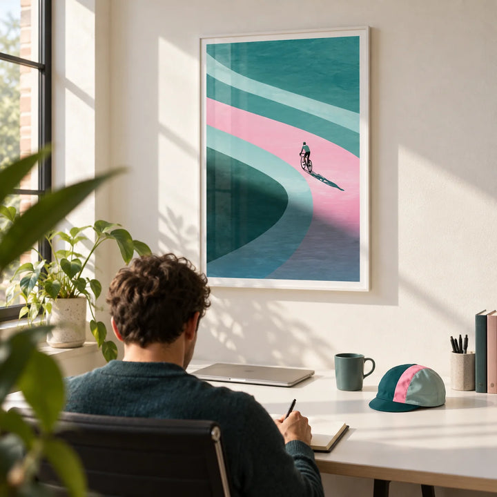 Minimalist Cycling Art Print, framed on the wall of a crisp home office