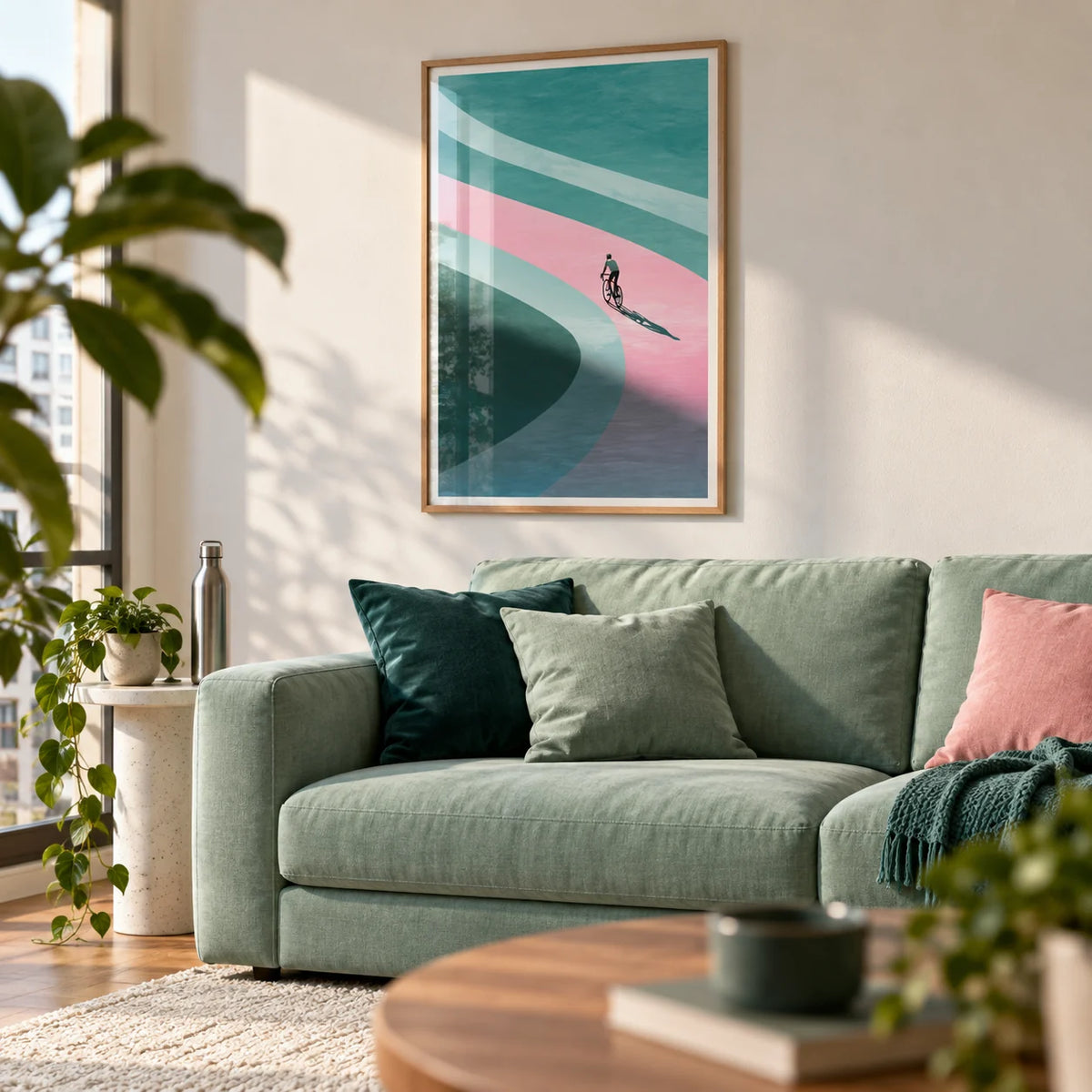 Minimalist Cycling Art Print, framed on the wall of a modern city-flat living room