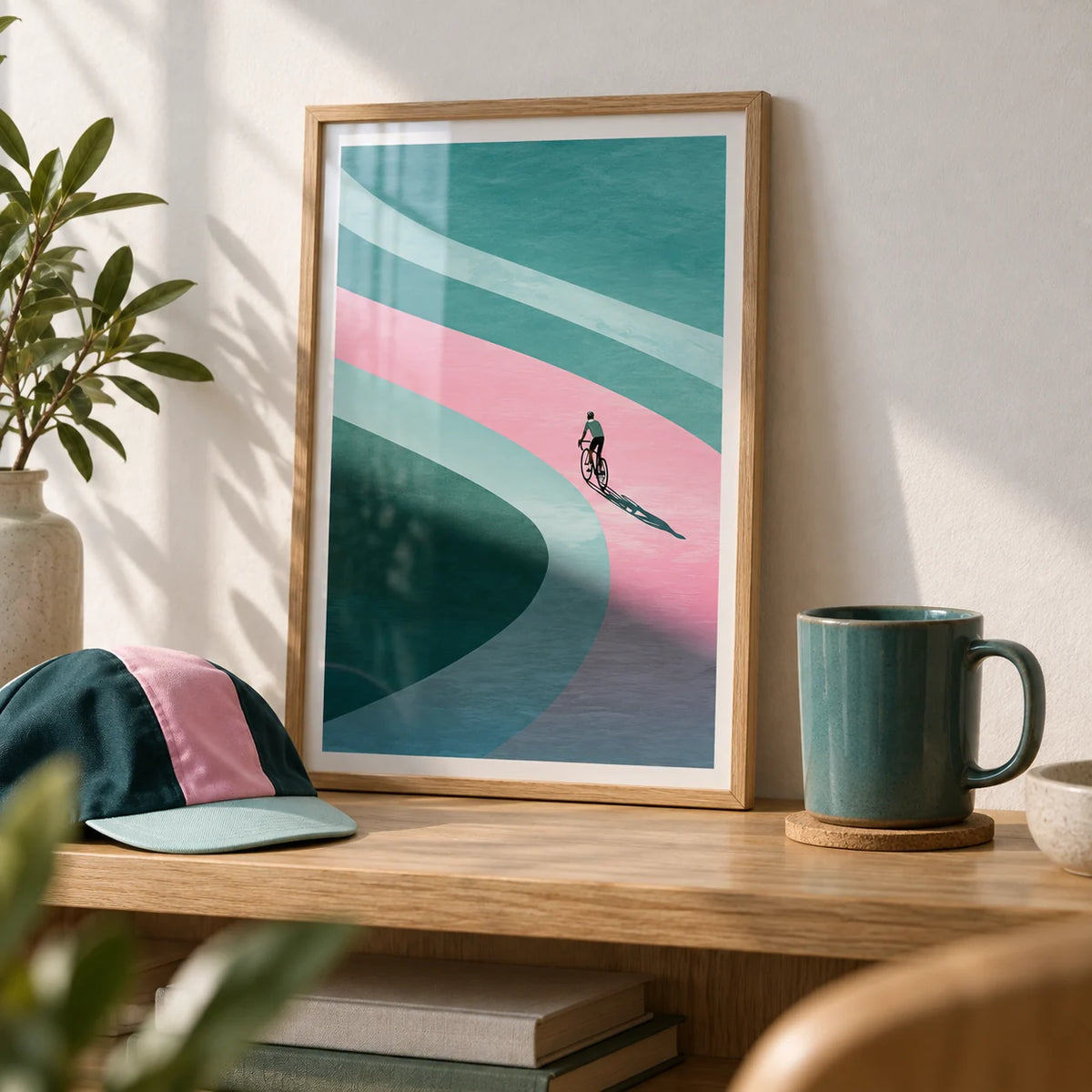 Minimalist Cycling Art Print, a small A4 framed print leaning on an oak shelf in a living room