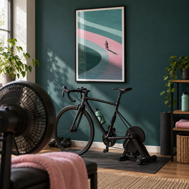 Minimalist Cycling Art Print, framed on the wall of a spare room bike training room with a dark teal painted wall