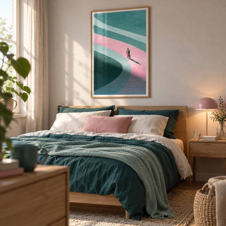 Minimalist Cycling Art Print, framed on the wall of a tidy first-flat bedroom (22-28)