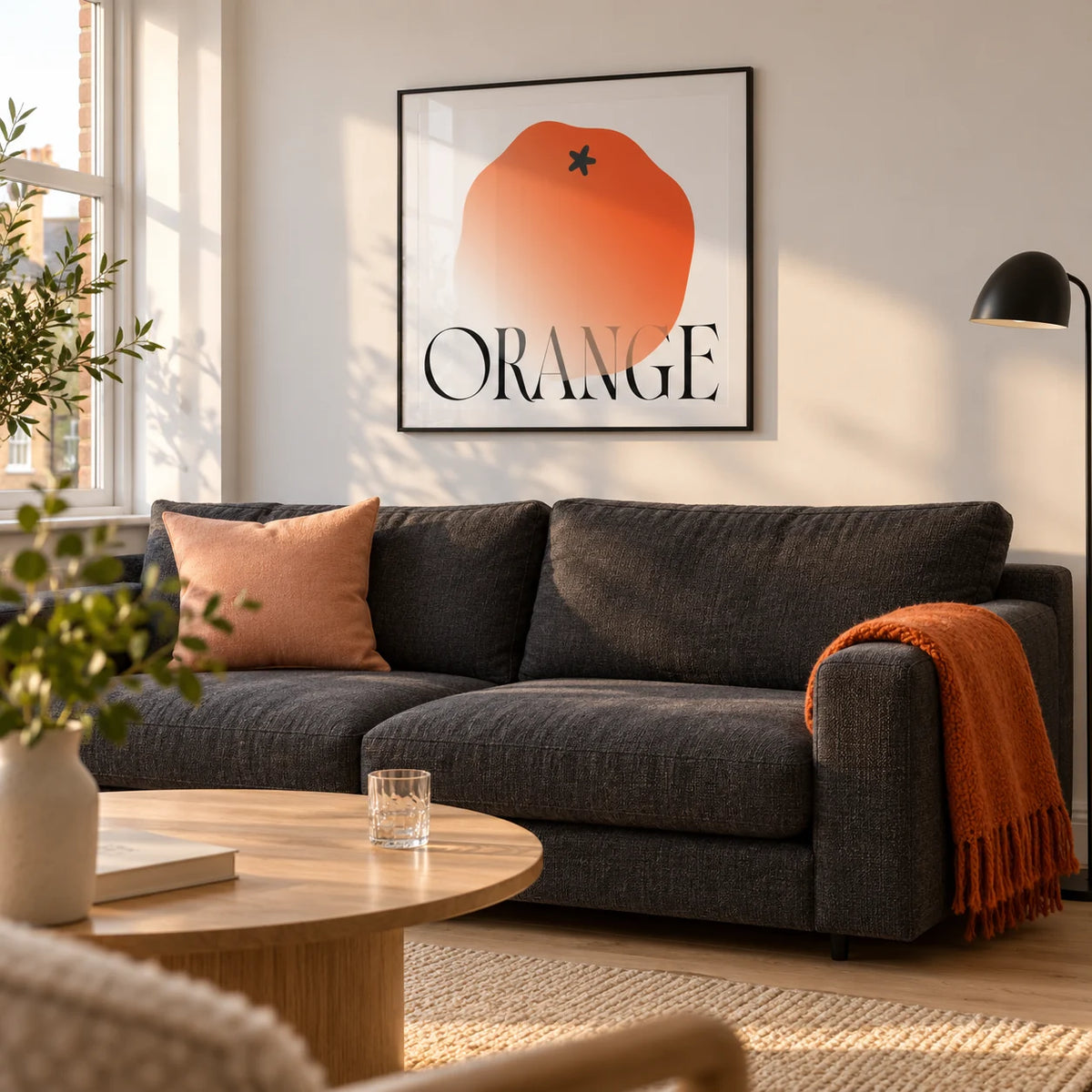 Minimalist Fruit Wall Art, framed on the wall of a bright modern living room in a UK apartment with white walls and a pale oak floor