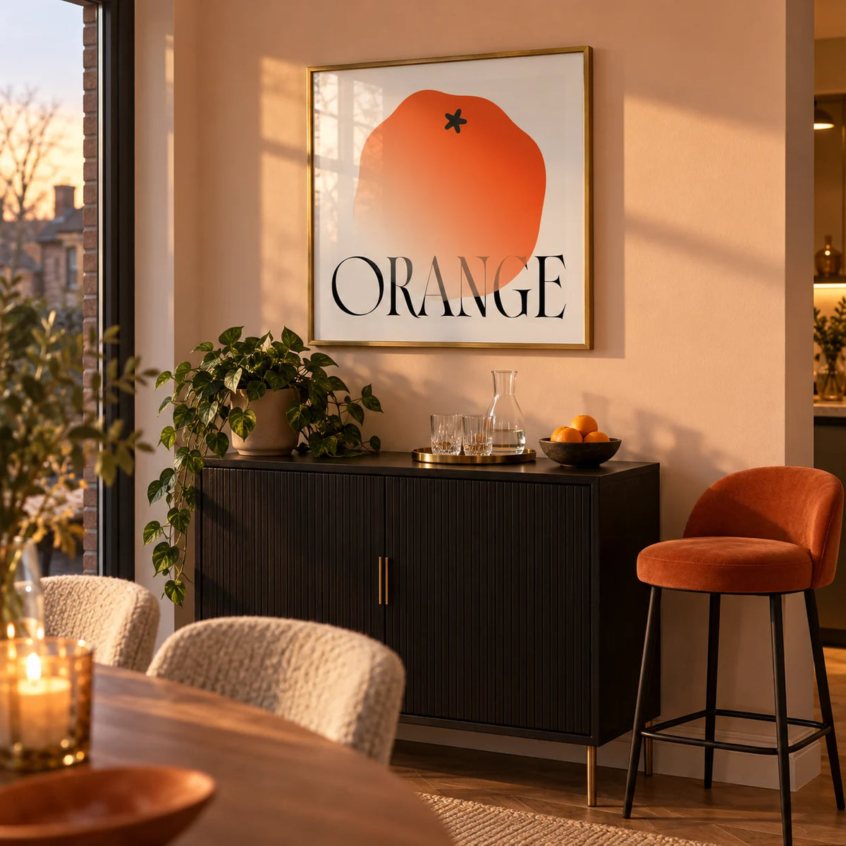 Minimalist Fruit Wall Art, framed on the wall of a compact home bar corner within an open-plan UK dining room