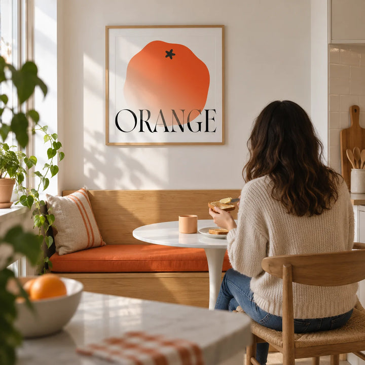 Minimalist Fruit Wall Art, framed on the wall of a compact kitchen breakfast nook in a first flat for an adult aged 22-28