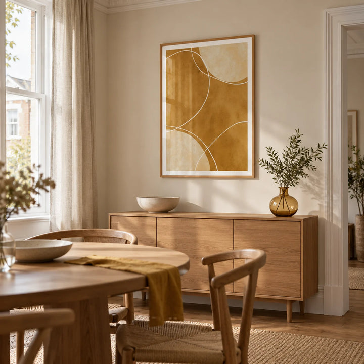 Minimalist Geometric Art Print, framed on the wall of a contemporary dining room in a Victorian terrace with a pale beige wall and simple ceiling cornice