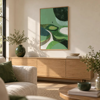 Minimalist Golf Poster, framed on the wall of a calm living room with a warm white wall