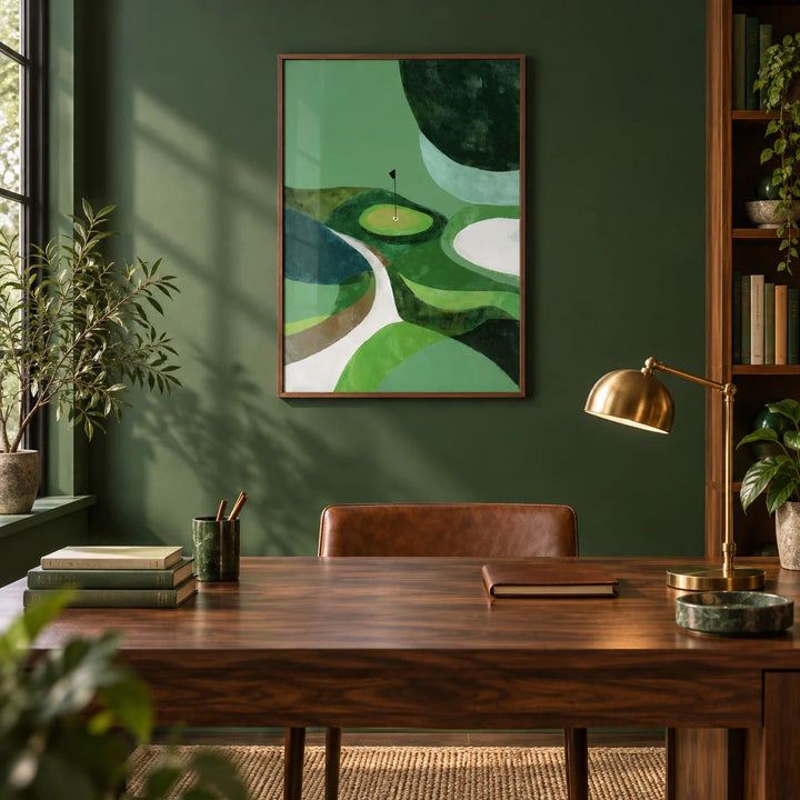 Minimalist Golf Poster, framed on the wall of a calm study with a forest green painted wall