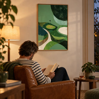 Minimalist Golf Poster, framed on the wall of a cosy snug with a cream wall in a living room