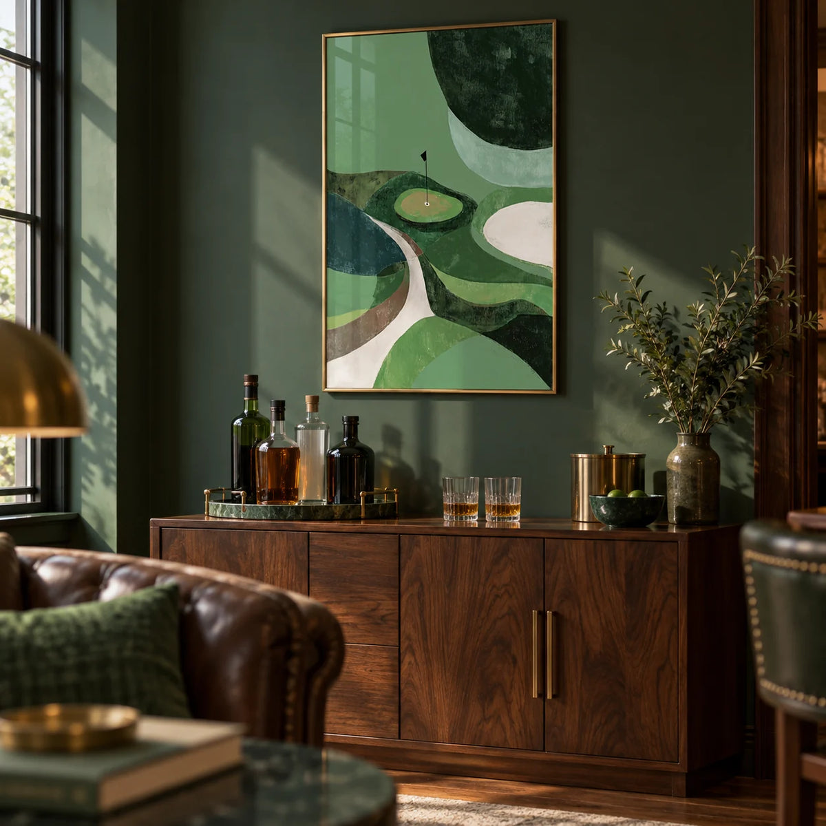 Minimalist Golf Poster, framed on the wall of a home bar corner in clubhouse style with a deep green wall