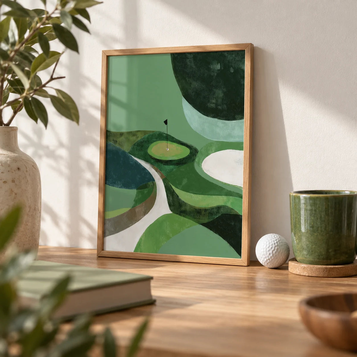 Minimalist Golf Poster, a small A4 framed print leaning on an oak shelf in a living room