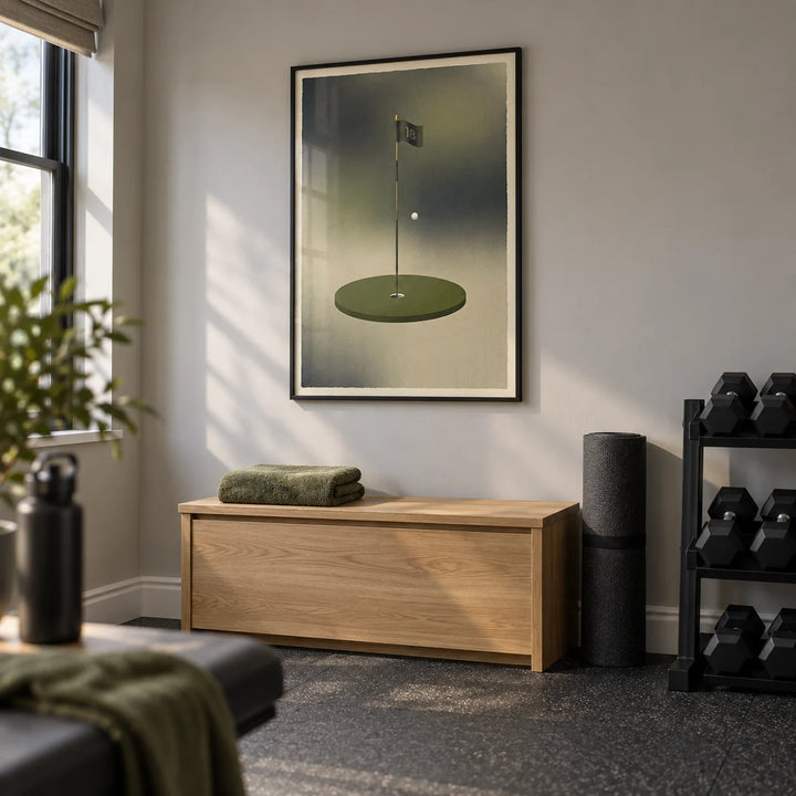 Minimalist Golf Wall Art, framed on the wall of a compact home gym in a converted UK spare room with pale grey walls