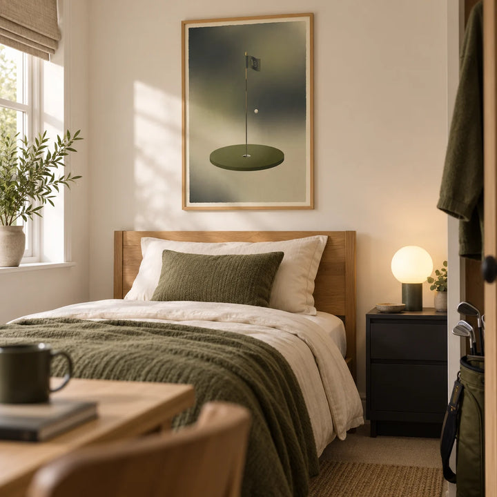 Minimalist Golf Wall Art, framed on the wall of a considered single bedroom for a young adult golf enthusiast (18-25) in a UK family home