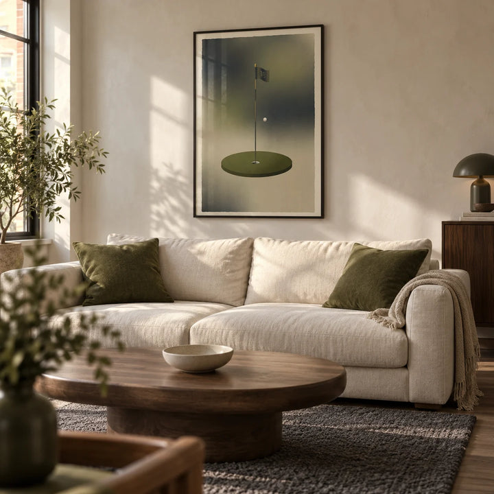 Minimalist Golf Wall Art, framed on the wall of a contemporary living room in a golf lover's UK flat with pale plaster walls and a smoked oak floor