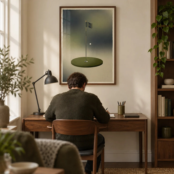 Minimalist Golf Wall Art, framed on the wall of a quiet home study in a British terraced house with warm ivory walls and walnut shelving