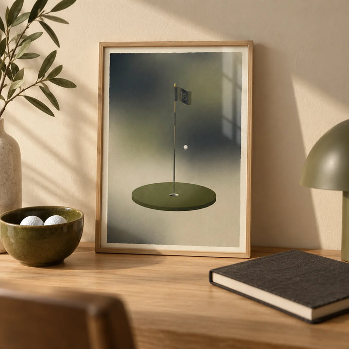 Minimalist Golf Wall Art, a small A4 framed print leaning on a pale oak desk
