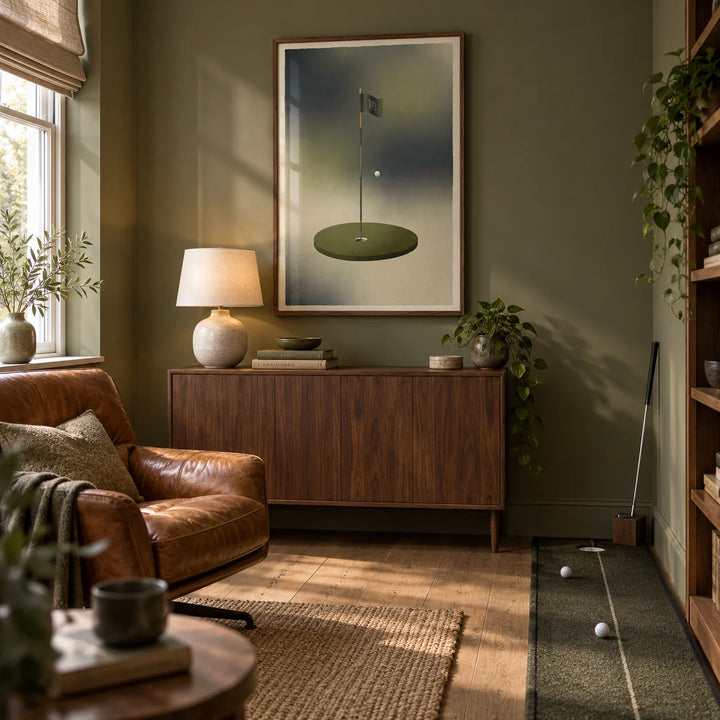 Minimalist Golf Wall Art, framed on the wall of a warm golf lover's snug in a UK semi-detached house with muted olive walls and simple oak floorboards in a living room